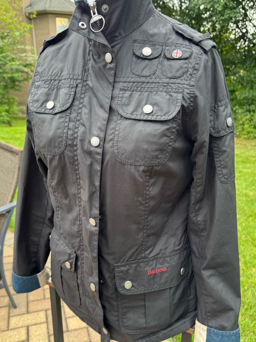 Barbour Wax Force Utility Jacket in black with Union Jack lining. EUC SIZE 6 USA